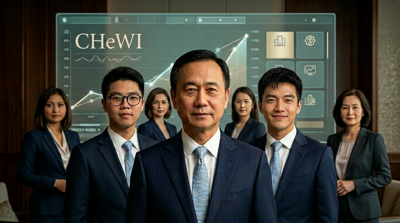A founder-principal with his next-generation leadership and senior team, composed beneath a quiet projection of the CHeWI index
