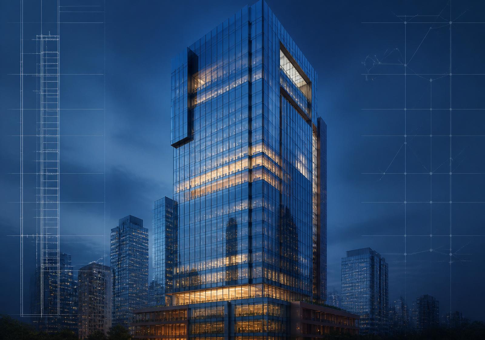 A modern corporate tower at blue hour with faint blueprint linework overlaid at the edges