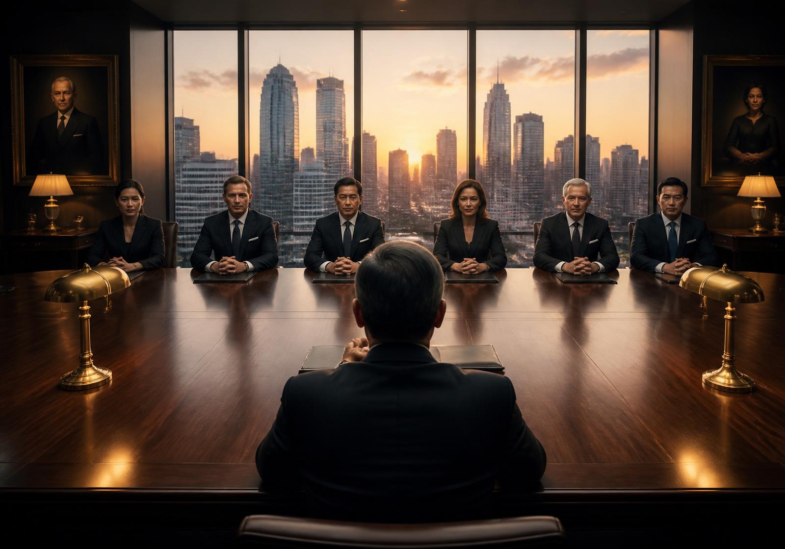 A business owner seated alone at one long side of a walnut boardroom table, six mixed male and female directors composed across from him, city skyline at sunset beyond the windows