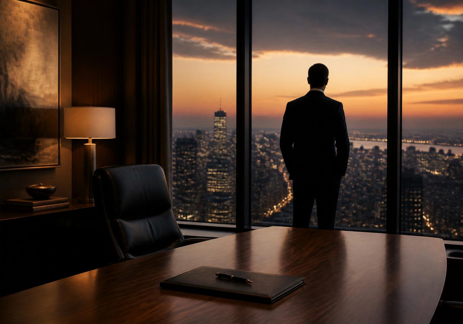 A founder-principal at the window of a tower office at dusk, an empty chair beside a walnut conference table