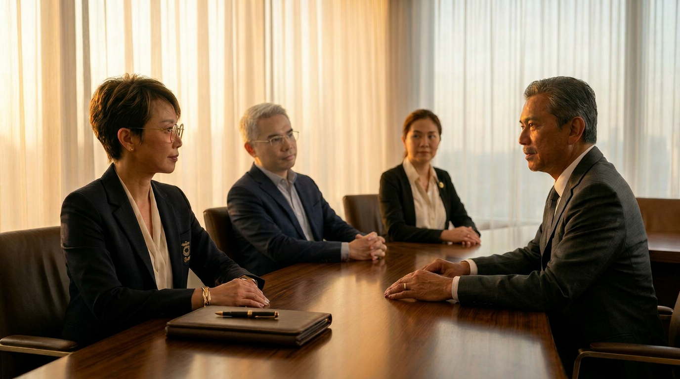 An empty executive boardroom at dawn — leather chairs, walnut table, a single closed portfolio and fountain pen at the head