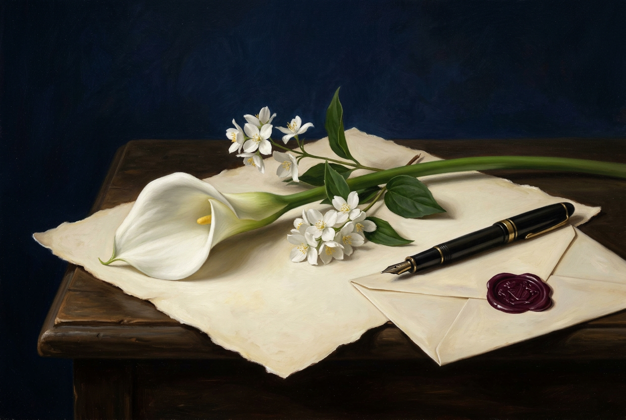 A calla lily and jasmine sprig resting on parchment beside a fountain pen and wax-sealed envelope.