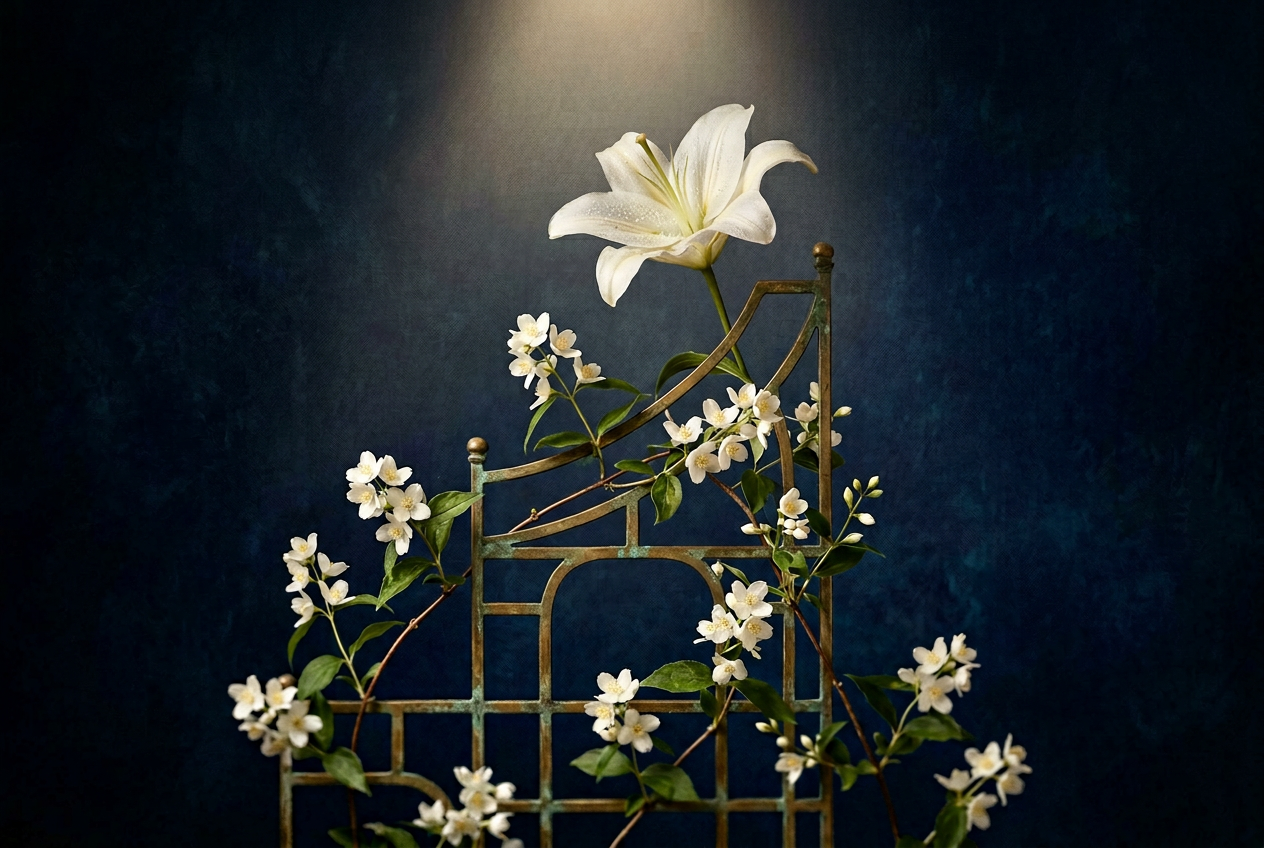 A white lily rising above a brass trellis entwined with jasmine vines.