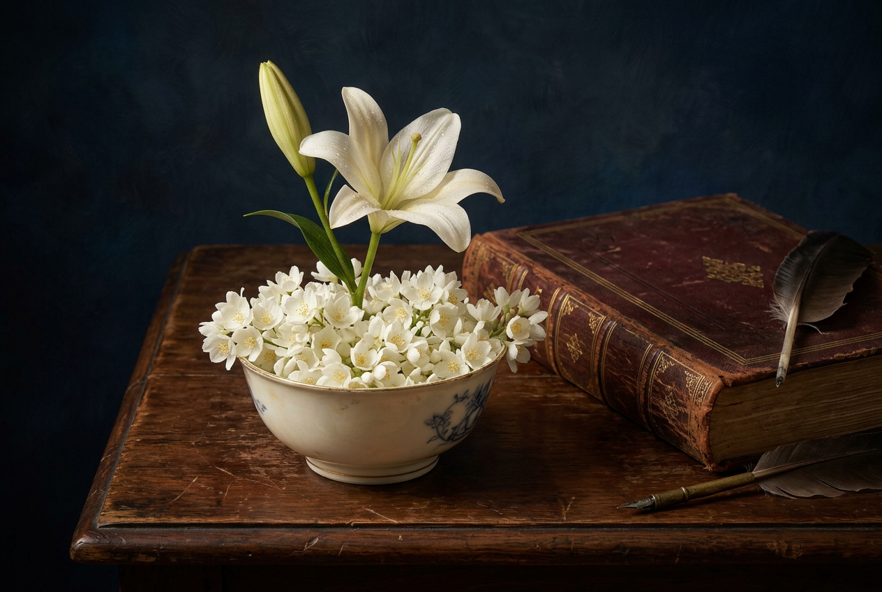 A porcelain bowl of jasmine blossoms with a single lily, beside an antique leather-bound ledger.