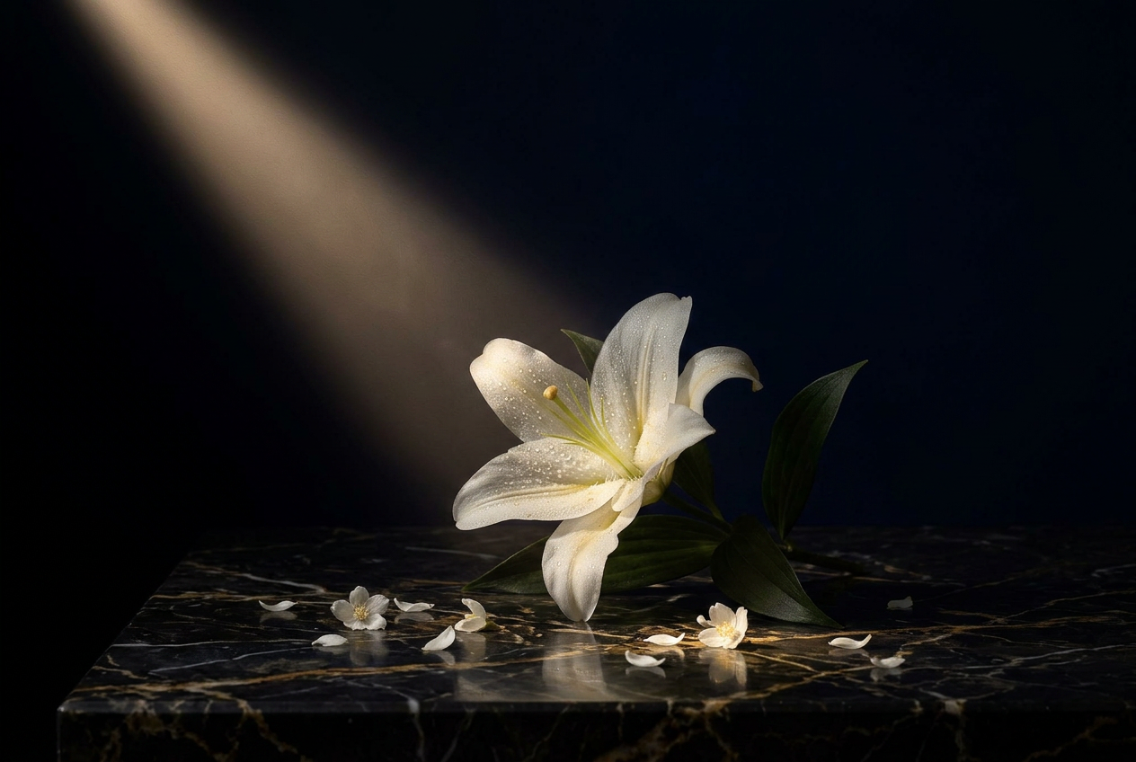 A white lily half-emerging from shadow on dark marble, lit by a thin shaft of champagne light.