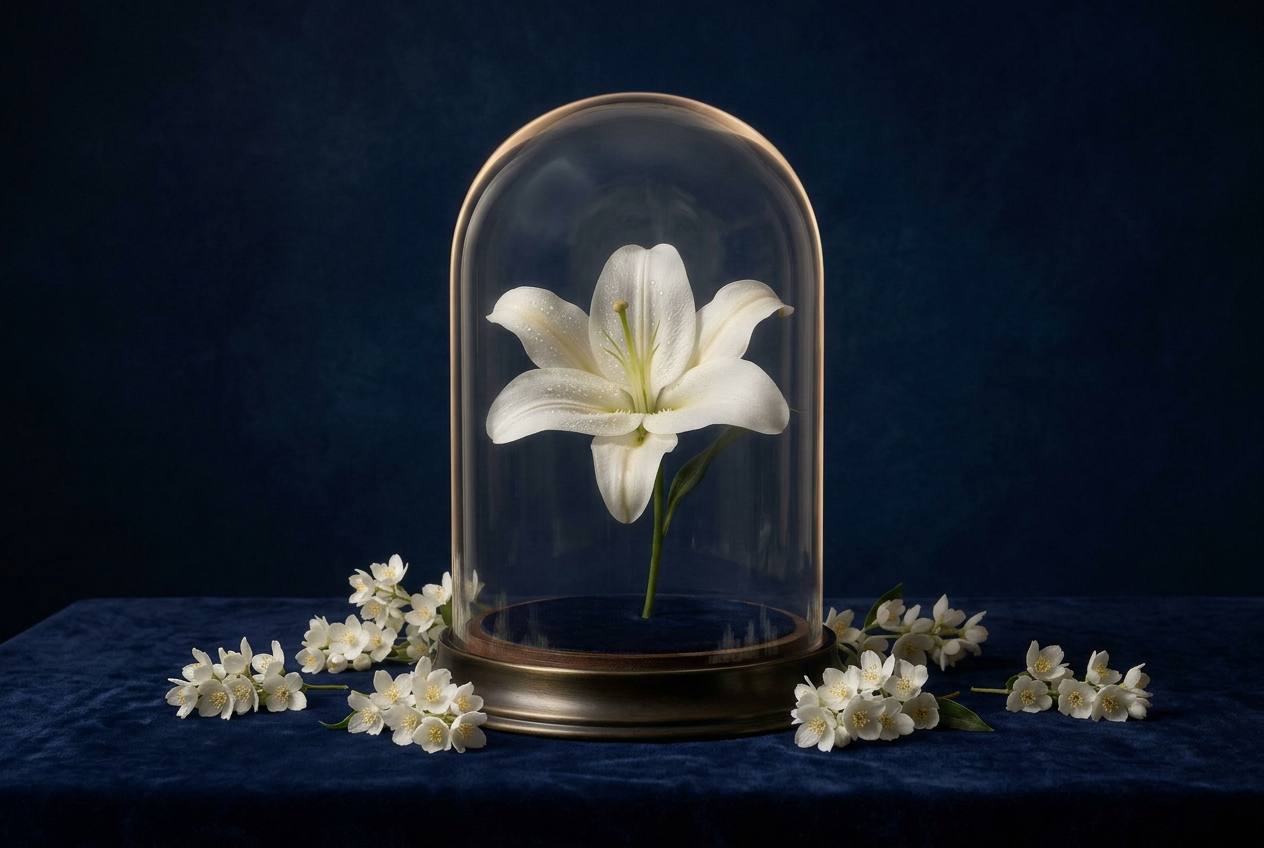 A single white lily preserved beneath a glass cloche on deep navy velvet, surrounded by jasmine.