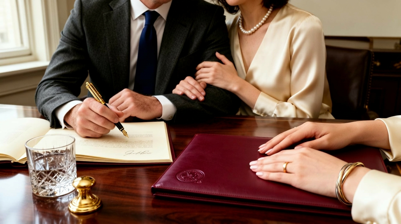 A husband at the fountain pen above his open will, his wife seated close beside him with both hands clasped around his forearm — and across the walnut desk, Jasmine's composed pair of hands resting upon a sealed oxblood portfolio, witness to the moment.