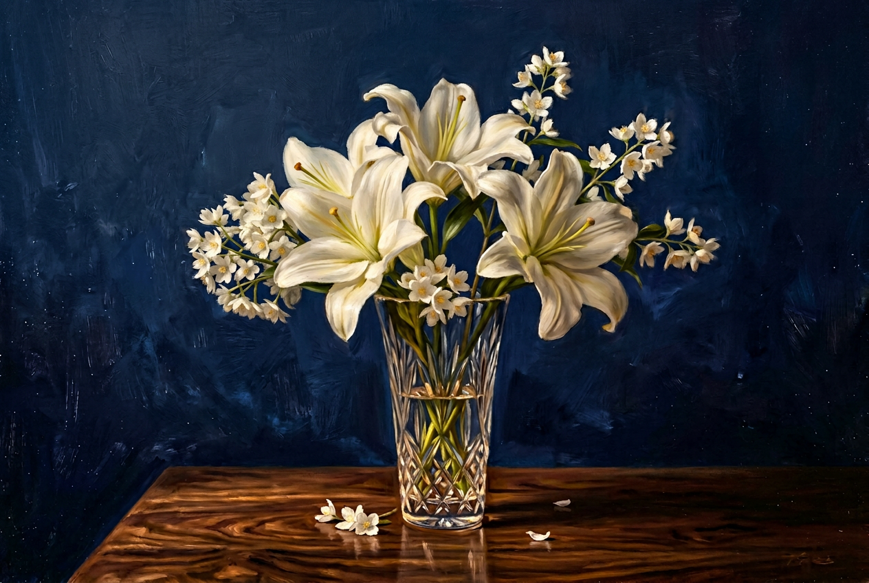 Three white lilies and jasmine in a crystal vase, one stem visibly absent.
