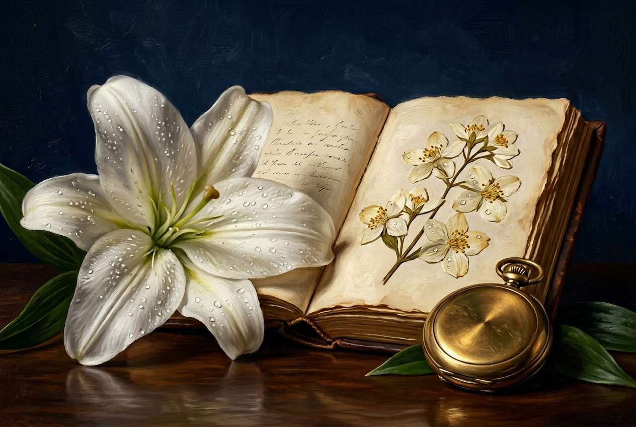A white lily resting against an open antique book of pressed jasmine, beside a brass pocket-watch.