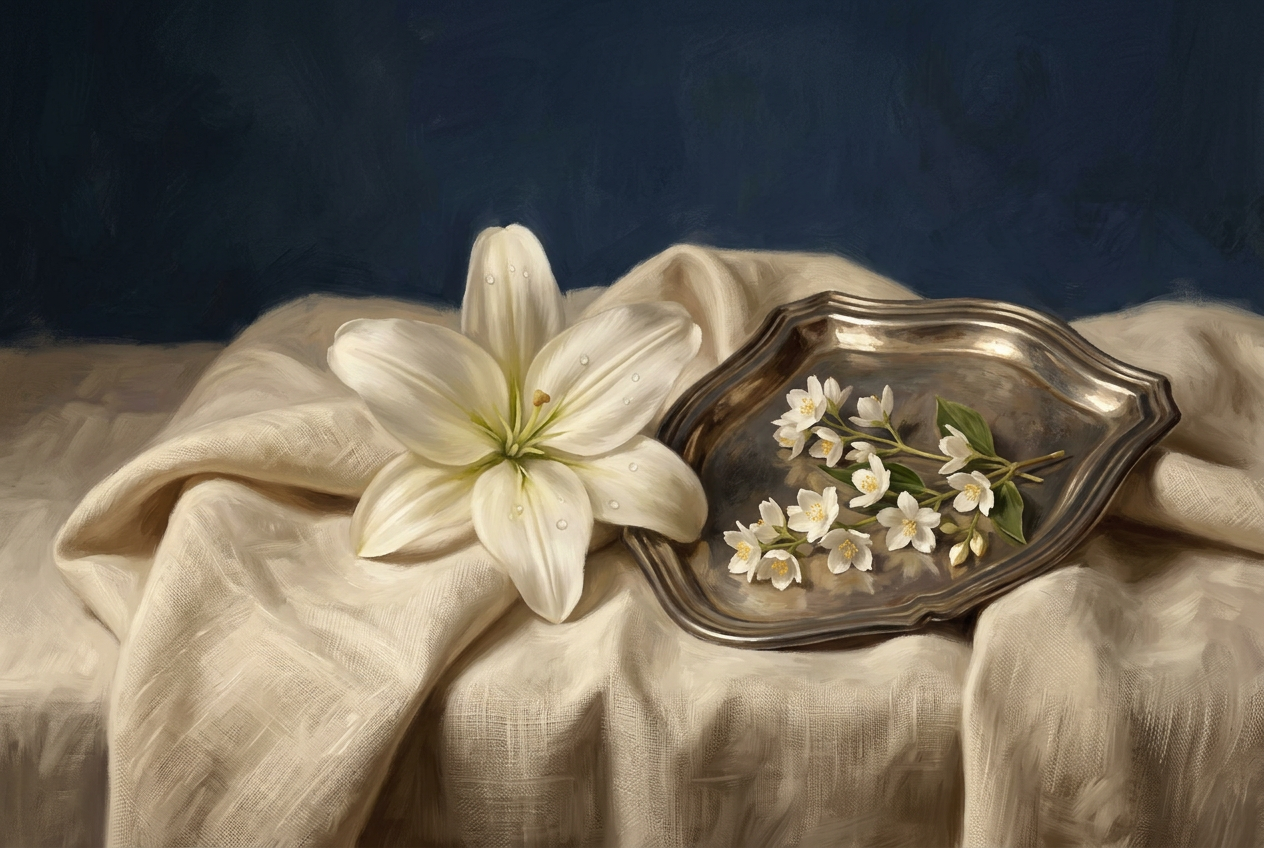 A white lily on folded linen beside a silver shield-shaped tray of jasmine sprigs.
