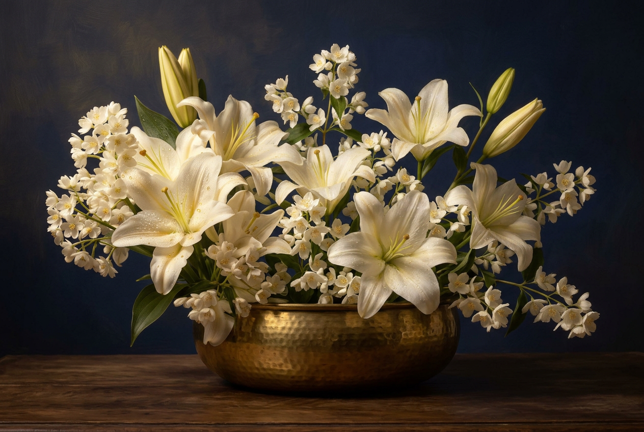 An abundant gathering of white lilies and jasmine in a wide brass bowl.