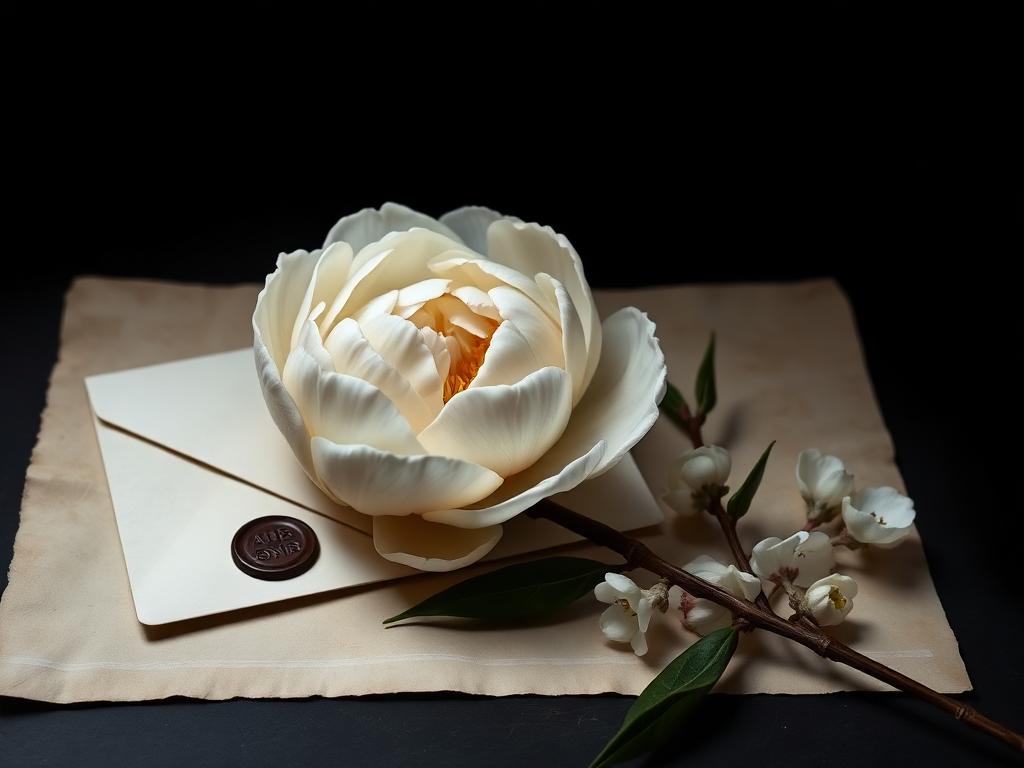 A white peony resting on aged parchment beside a wax-sealed ivory envelope and jasmine sprig.