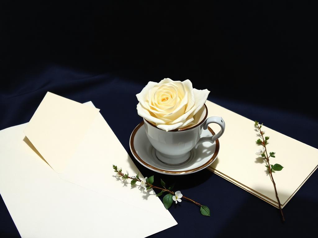 A white garden rose in a porcelain teacup beside a folded ivory letter and jasmine sprig.