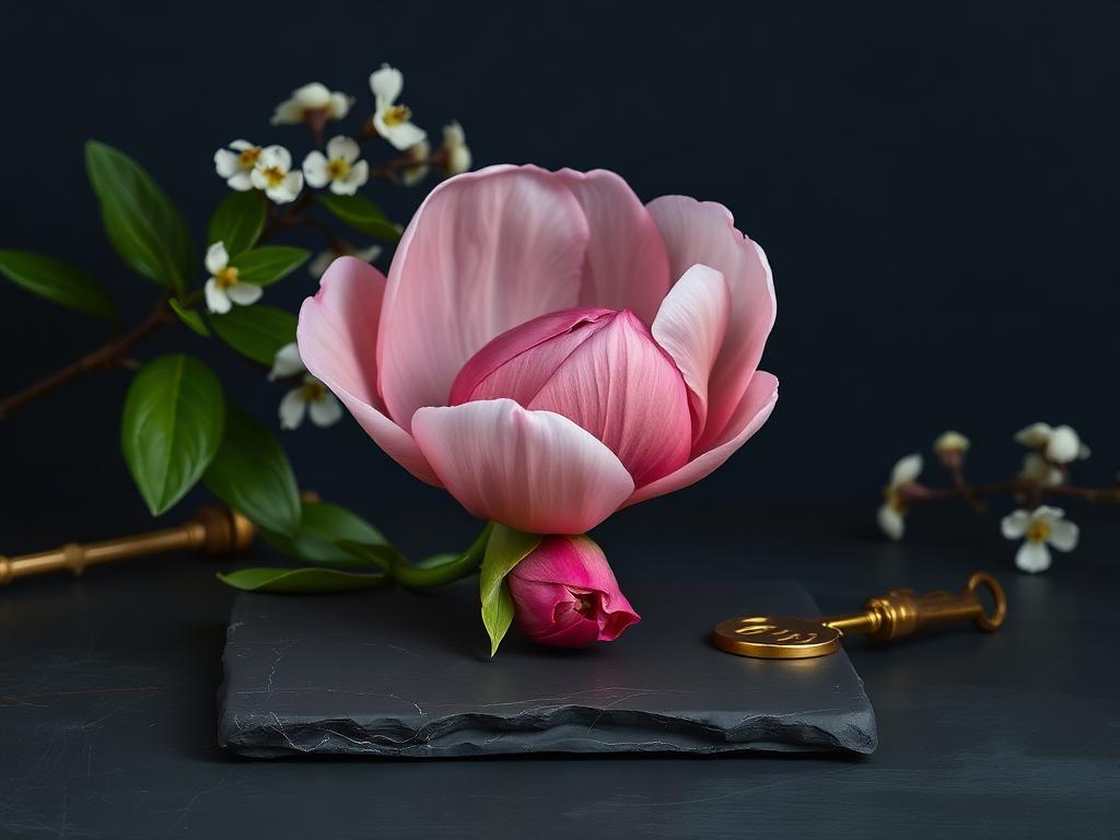 A pink peony bud beginning to open beside a brass key and jasmine on dark slate.