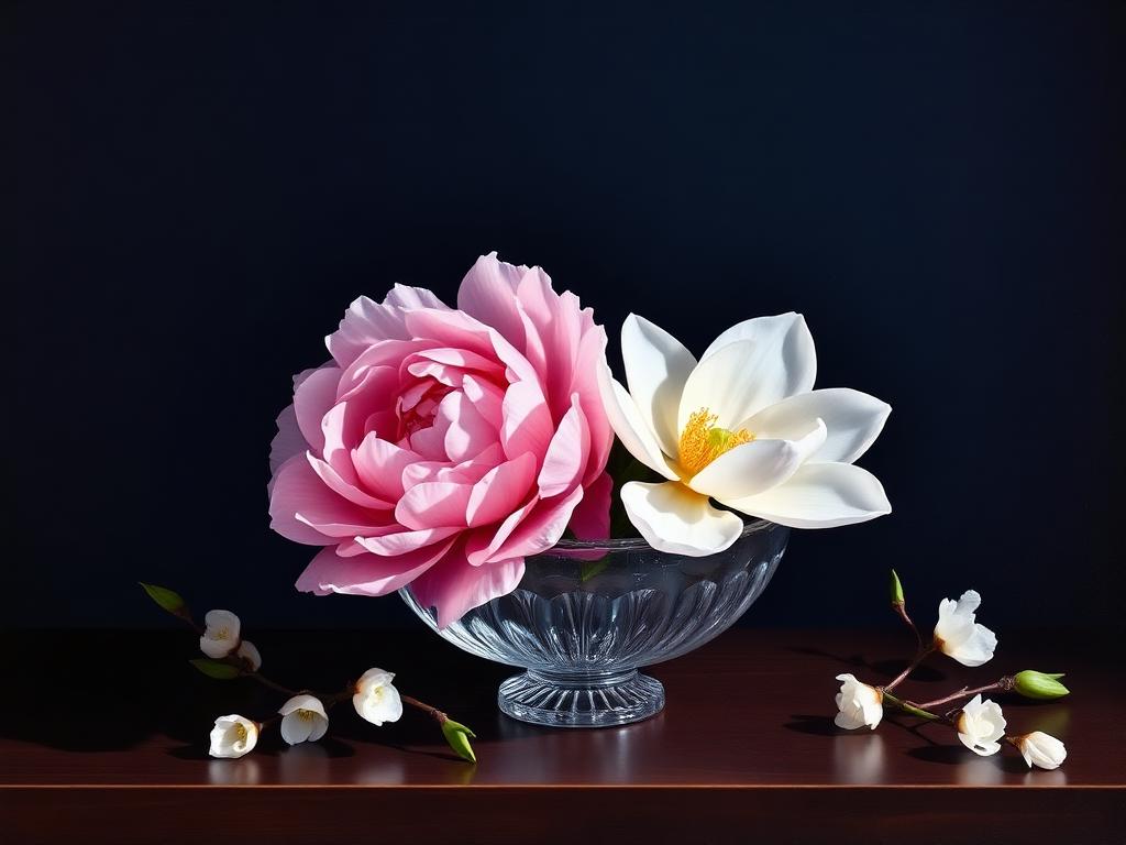 A peony and magnolia together in a low crystal bowl on dark mahogany with jasmine.