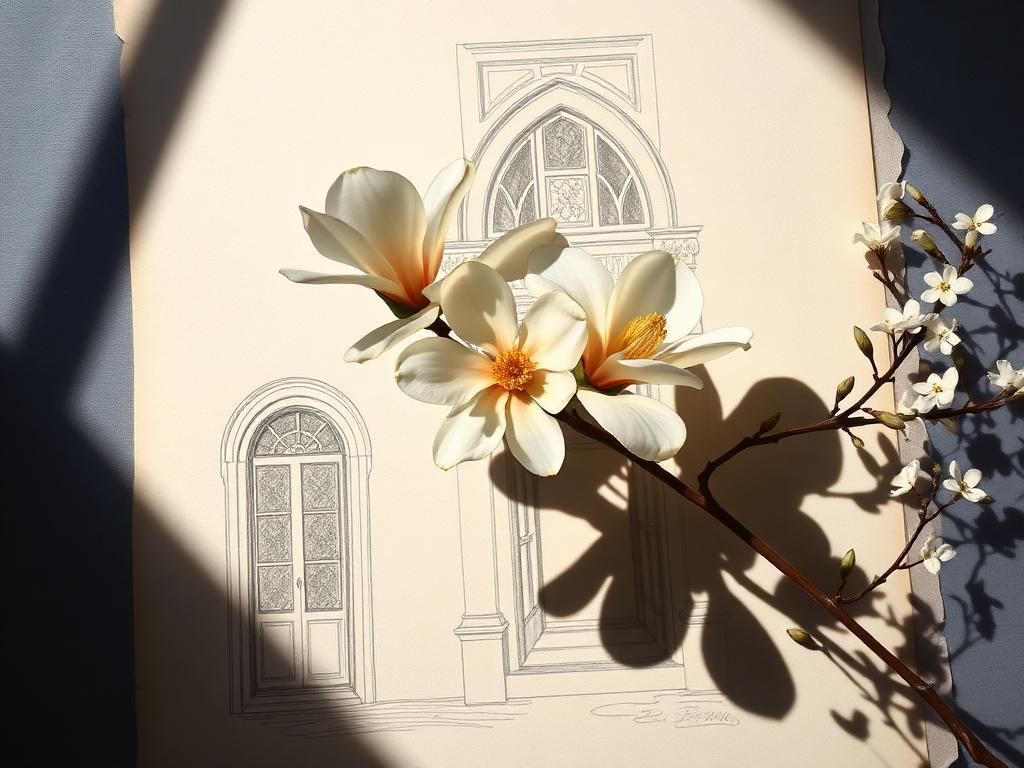 A magnolia branch laid across an antique architectural drawing with jasmine sprigs.