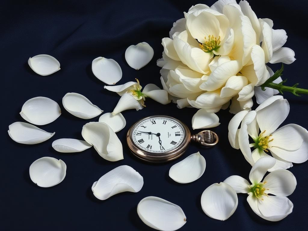 White peony petals scattered around a closed silver pocket-watch on dark linen with jasmine.
