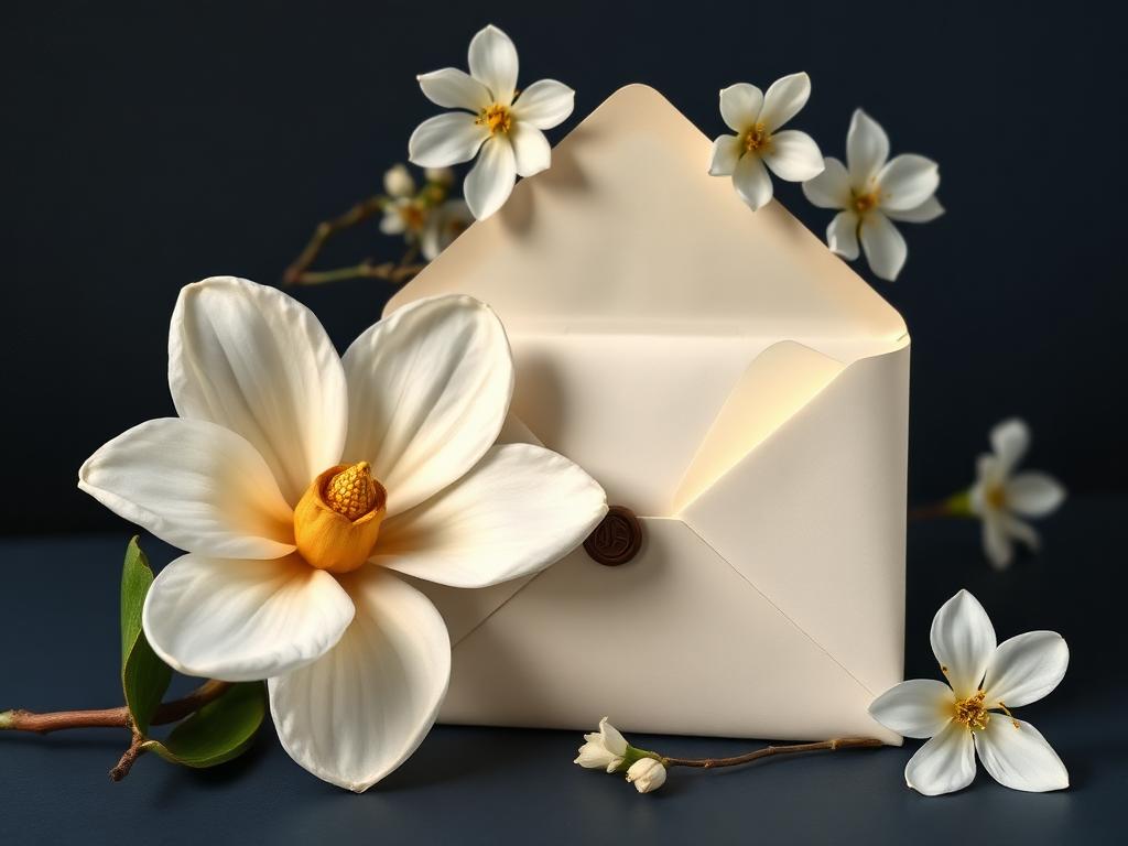 A magnolia beside an opened ivory envelope with a small wax seal and jasmine.