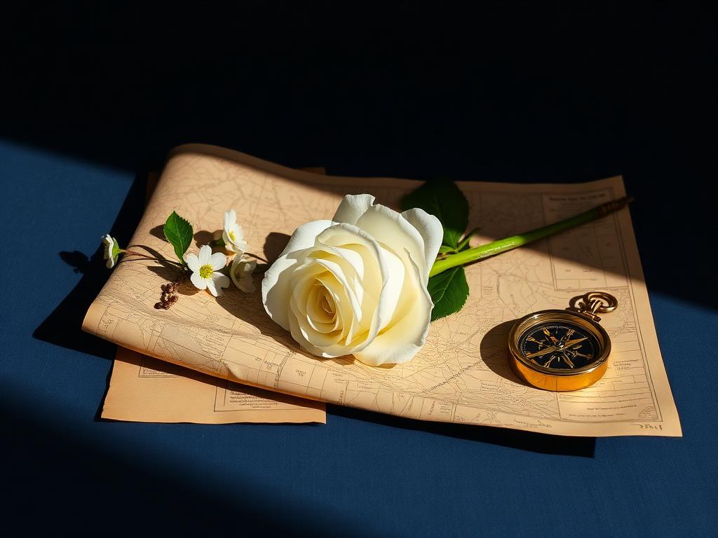 A white rose laid across an old map with jasmine and a brass compass partly in shadow.