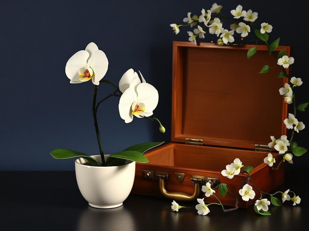 A white orchid in a porcelain pot beside an open mahogany document case and jasmine.