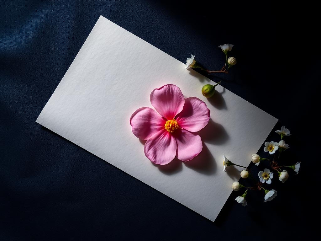 A pink camellia bloom and bud across a folded sheet of pale paper with jasmine.