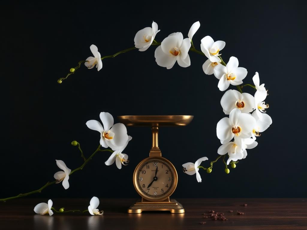 A white orchid spray arched above an antique brass scale balanced in stillness with jasmine.