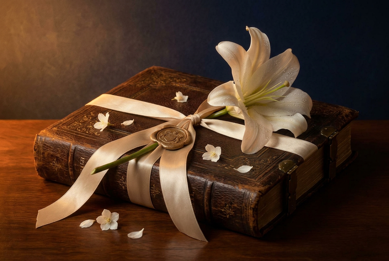 A white lily laid across a leather-bound family book sealed with champagne ribbon and a wax crest.