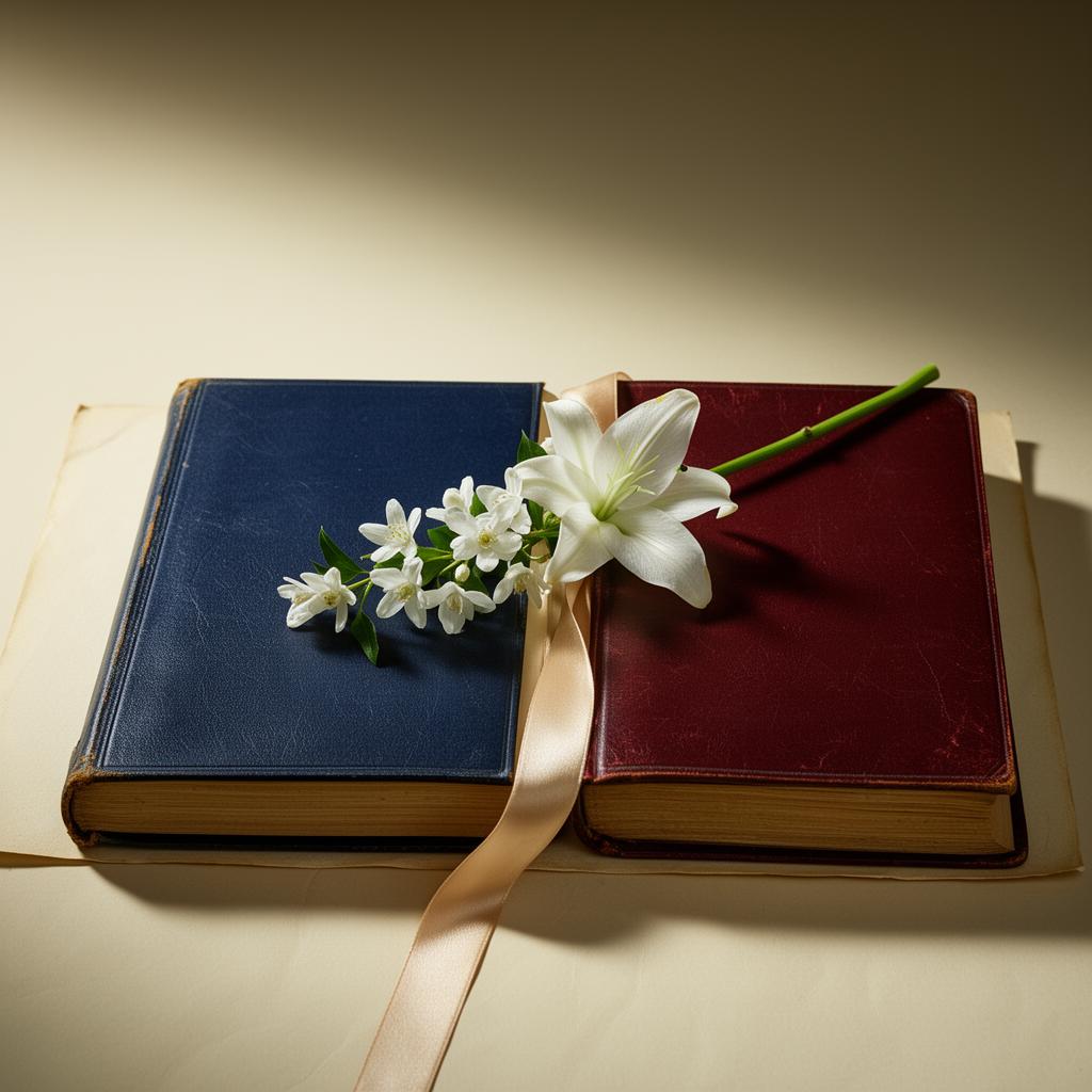 Two open antique books — one bound in navy leather, one in oxblood — laid side by side on cream parchment, joined by a sprig of jasmine, a single white lily, and a champagne ribbon.